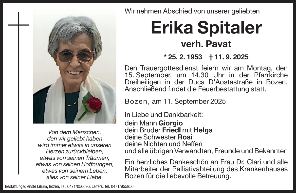  Traueranzeige für Erika Pavat vom 13.09.2025 aus Dolomiten