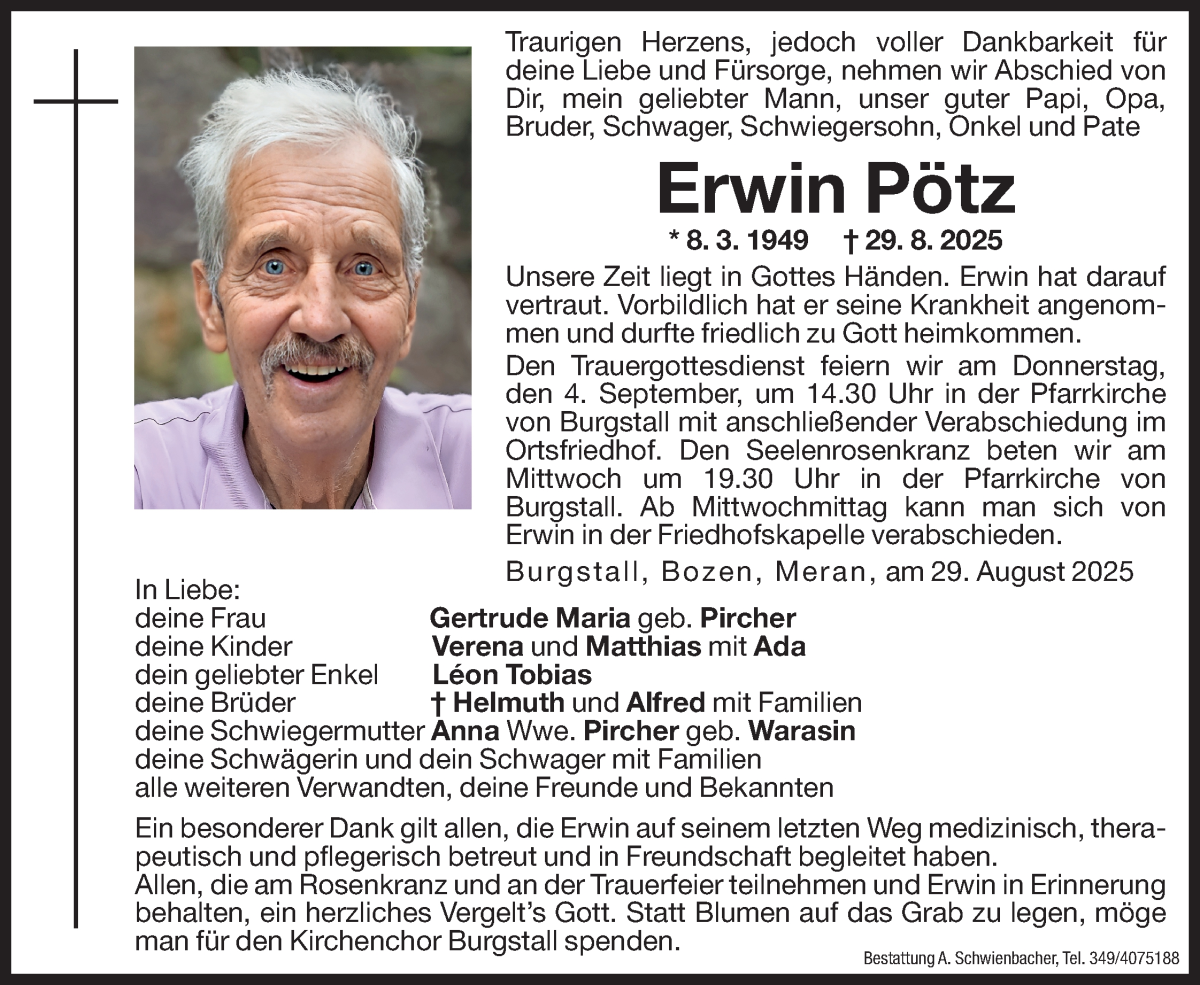  Traueranzeige für Erwin Pötz vom 02.09.2025 aus Dolomiten