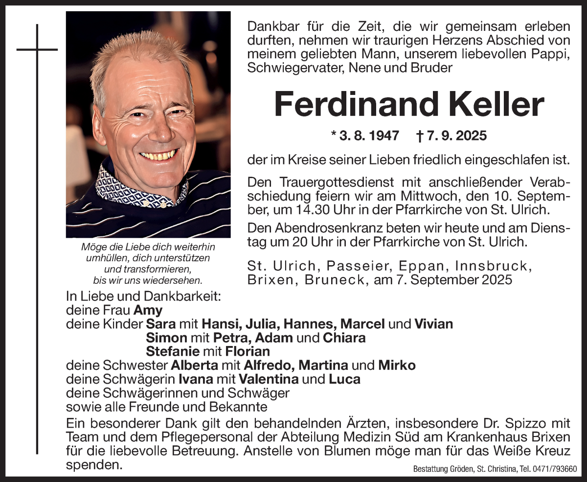  Traueranzeige für Ferdinand Keller vom 08.09.2025 aus Dolomiten