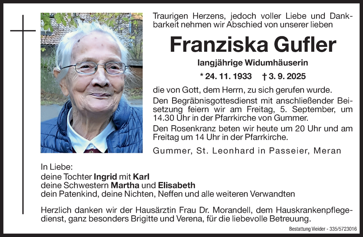  Traueranzeige für Franziska Gufler vom 04.09.2025 aus Dolomiten