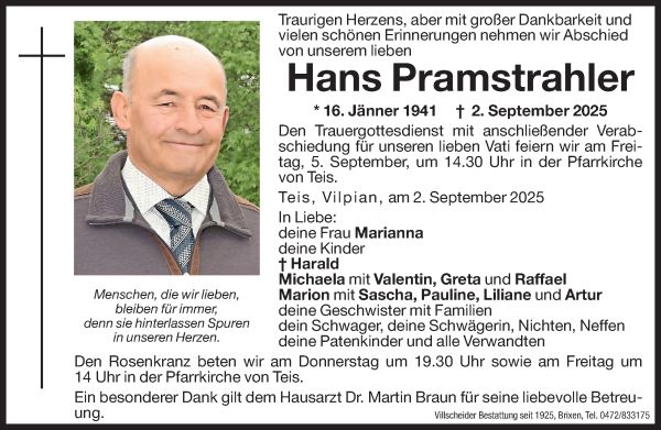 Traueranzeige von Hans Pramstrahler von Dolomiten