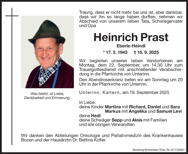Traueranzeige von Heinrich Prast von Dolomiten