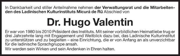 Traueranzeige von Dr. Hugo Valentin von Dolomiten