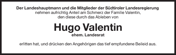 Traueranzeige von Dr. Hugo Valentin von Dolomiten