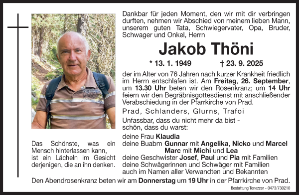 Traueranzeige von Jakob Thöni von Dolomiten
