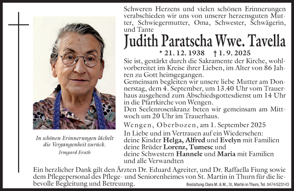 Traueranzeige von Judith Tavella von Dolomiten