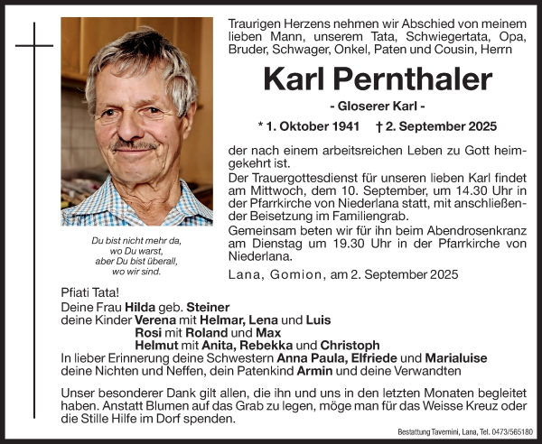 Traueranzeige von Karl Pernthaler von Dolomiten
