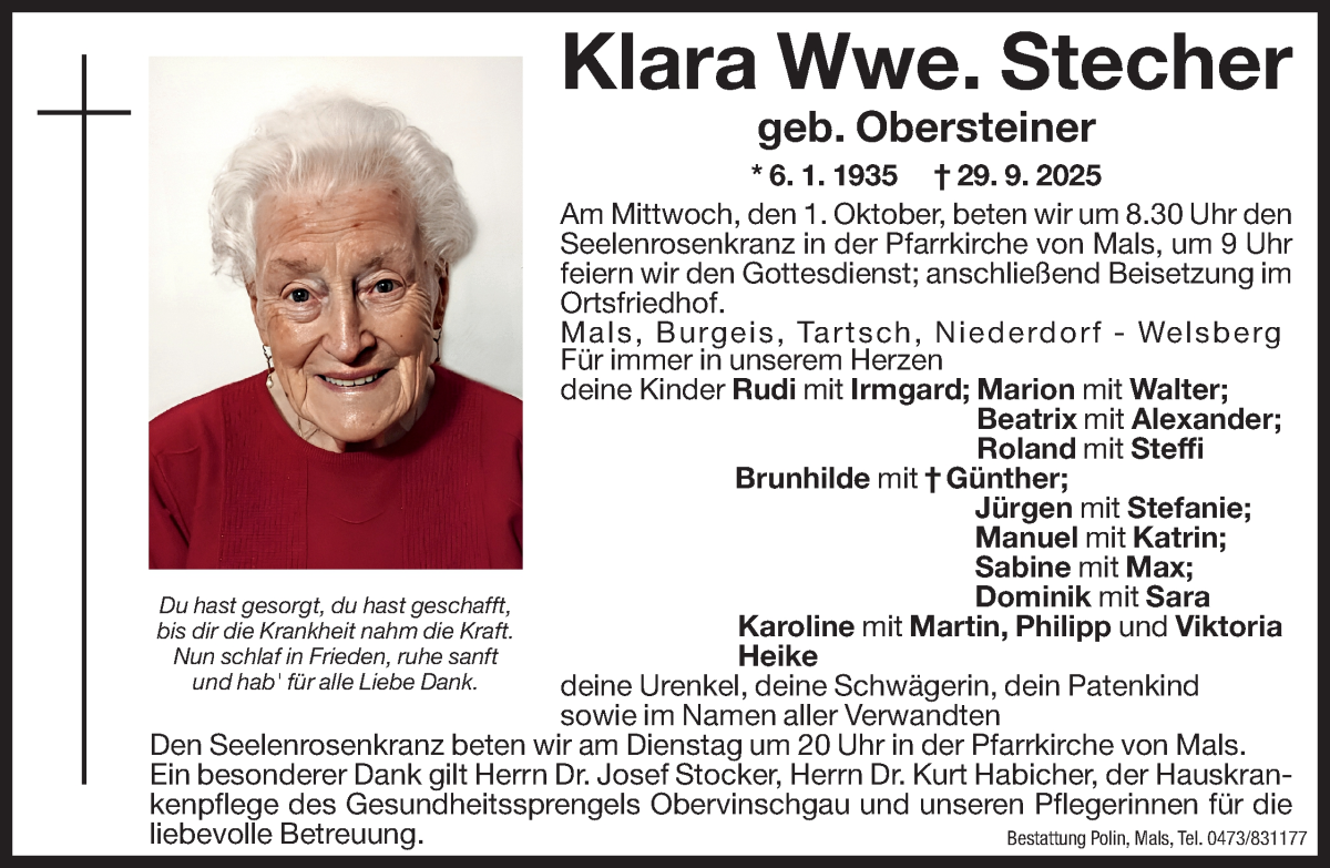  Traueranzeige für Klara Stecher vom 30.09.2025 aus Dolomiten