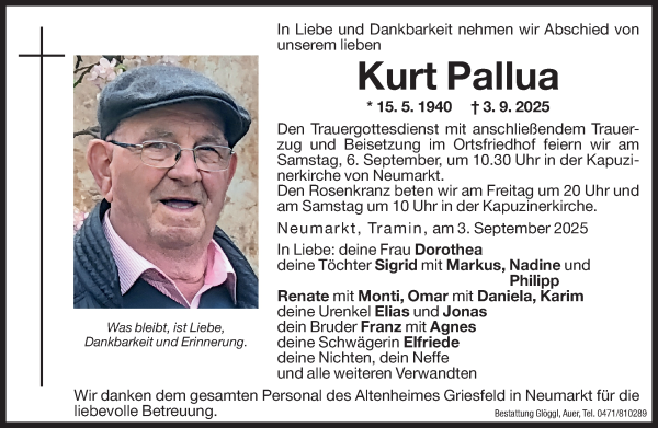 Traueranzeige von Kurt Pallua von Dolomiten