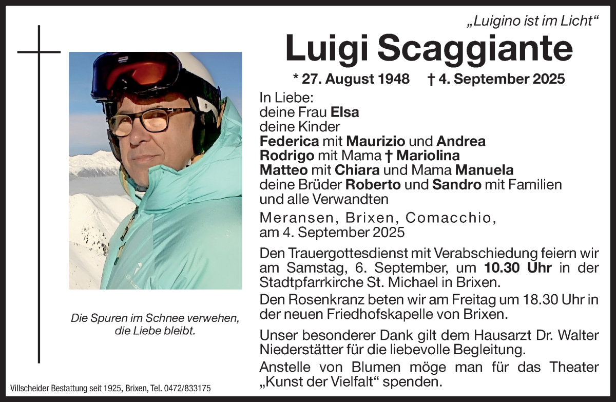  Traueranzeige für Luigi Scaggiante vom 05.09.2025 aus Dolomiten