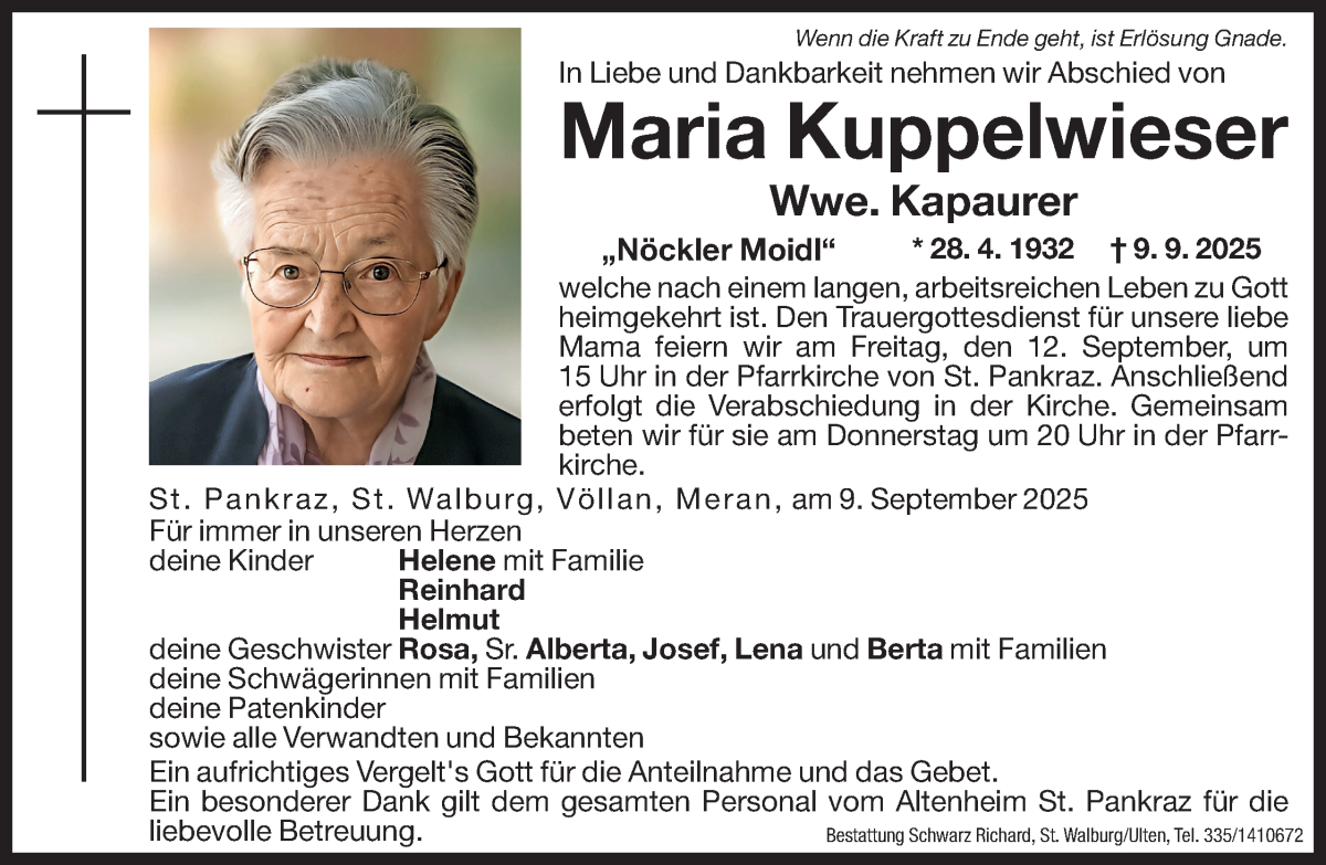  Traueranzeige für Maria Kapaurer vom 11.09.2025 aus Dolomiten