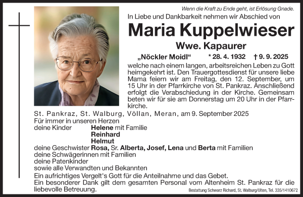 Traueranzeige von Maria Kapaurer von Dolomiten
