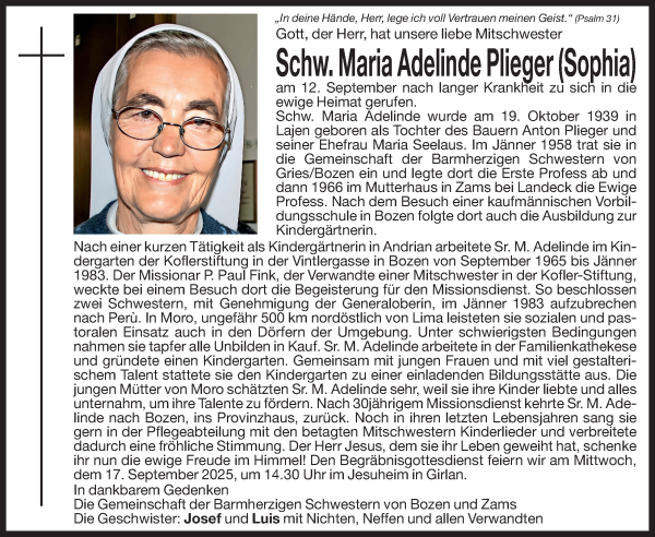 Traueranzeige von Maria Adelinde Plieger von Dolomiten