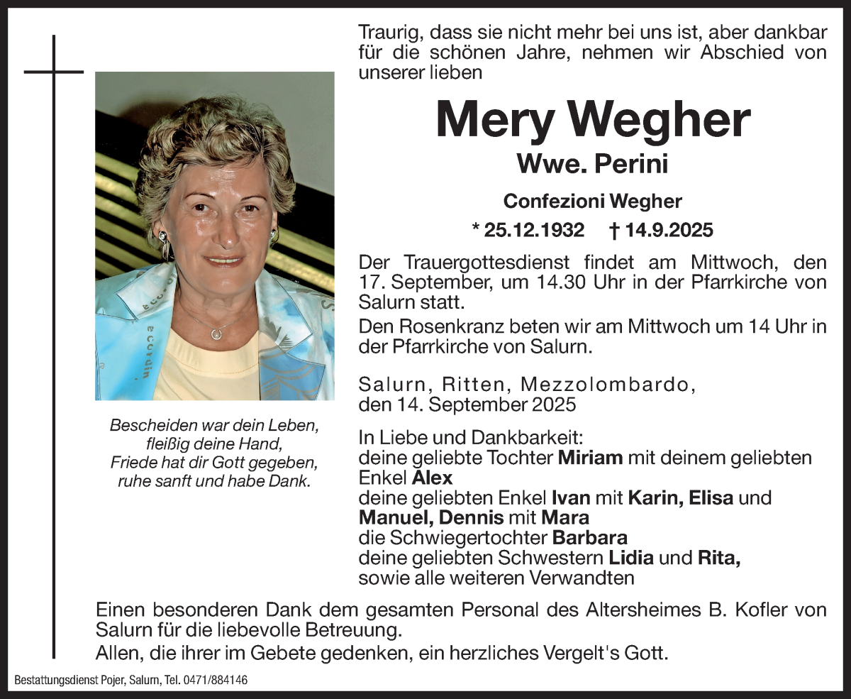  Traueranzeige für Mery Wegher vom 15.09.2025 aus Dolomiten