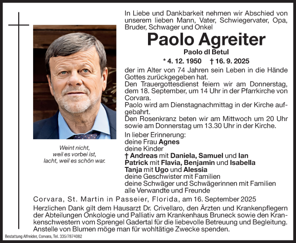 Traueranzeige von Paolo Agreiter von Dolomiten