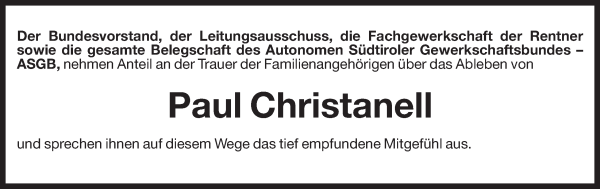 Traueranzeige von Paul Christanell von Dolomiten