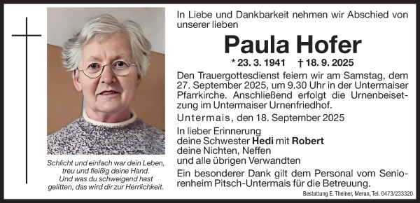 Traueranzeige von Paula Hofer von Dolomiten