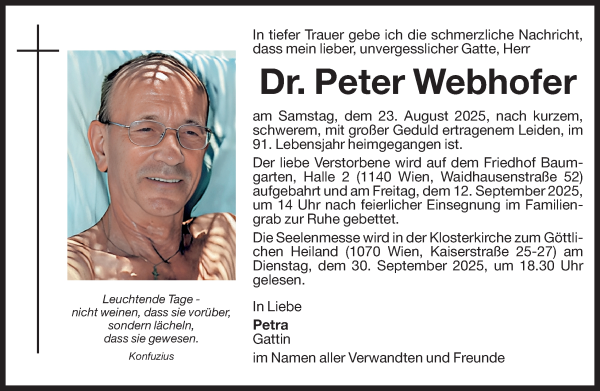 Traueranzeige von Peter Webhofer von Dolomiten