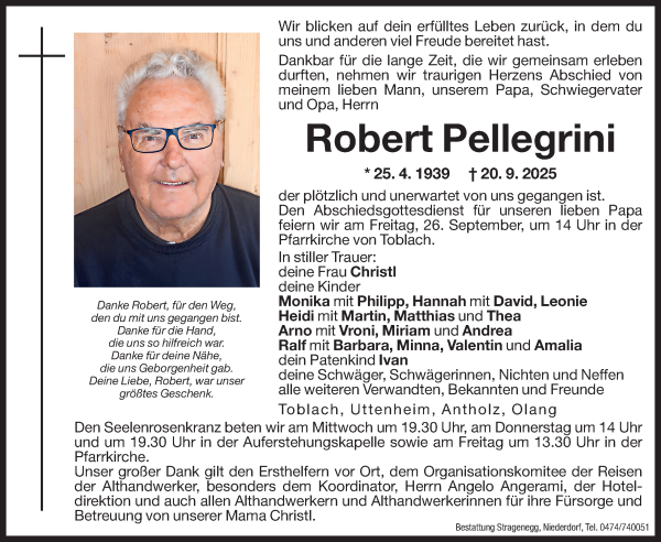 Traueranzeige von Robert Pellegrini von Dolomiten
