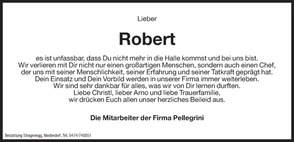 Traueranzeige von Robert Pellegrini von Dolomiten