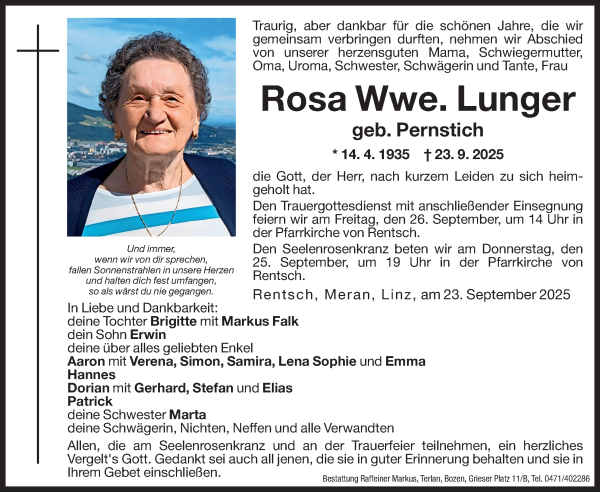 Traueranzeige von Rosa Lunger von Dolomiten