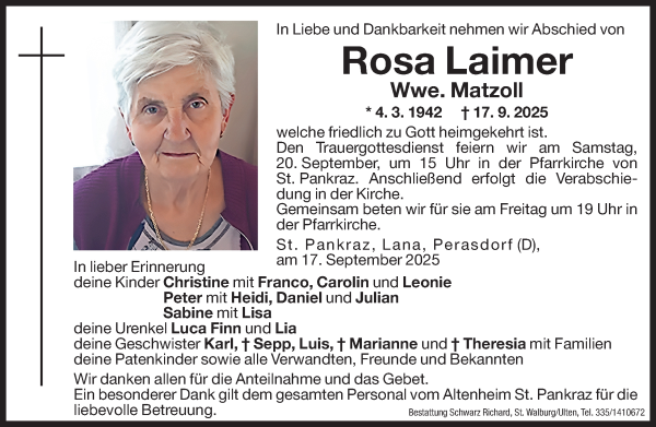 Traueranzeige von Rosa Matzoll von Dolomiten