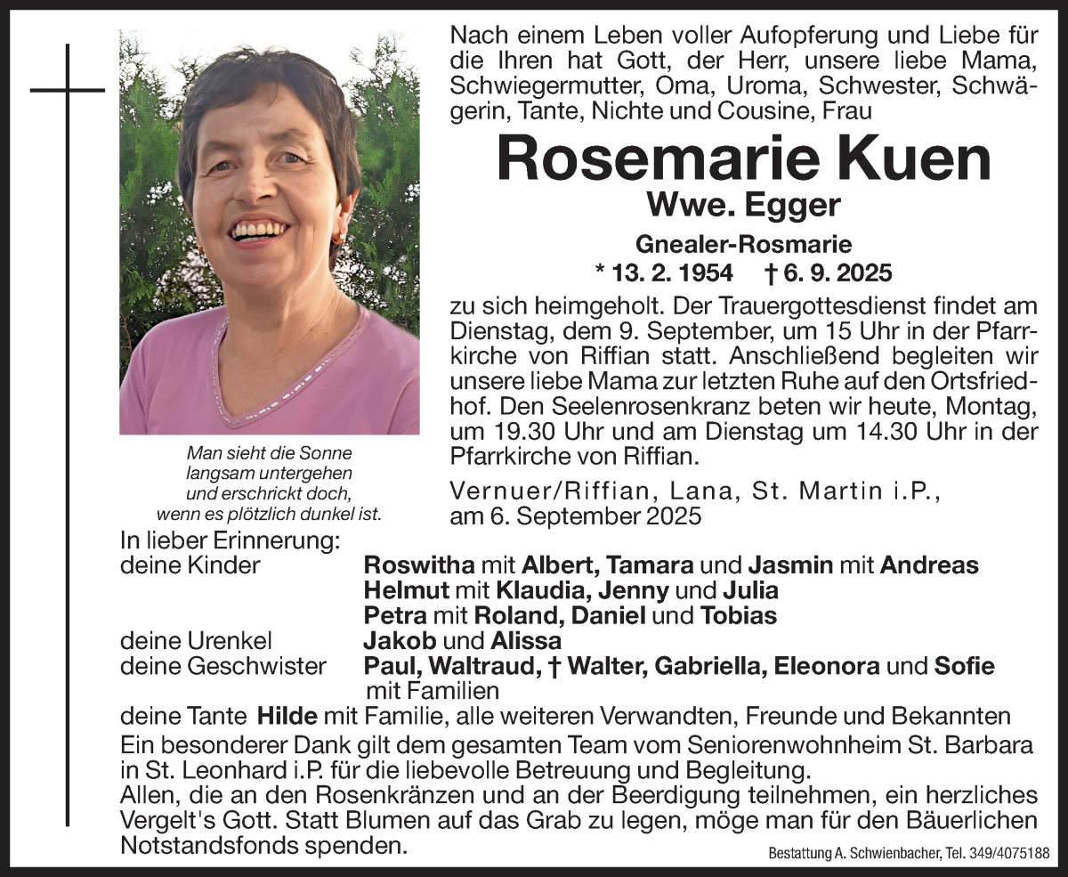 Traueranzeige für Rosemarie Kuen Wwe. Egger  vom 08.09.2025 aus Dolomiten