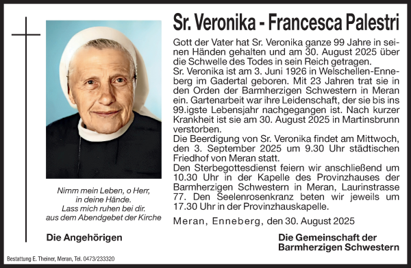 Traueranzeige von Sr. Veronika - Palestri Francesca  von Dolomiten