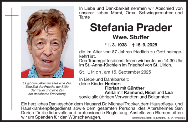 Traueranzeige von Stefania Stuffer von Dolomiten