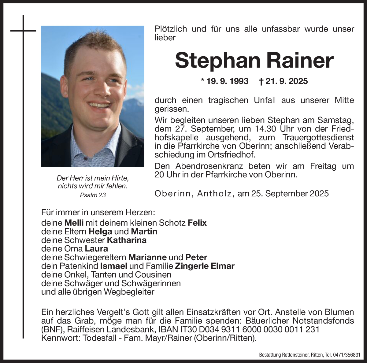  Traueranzeige für Stephan Rainer vom 25.09.2025 aus Dolomiten
