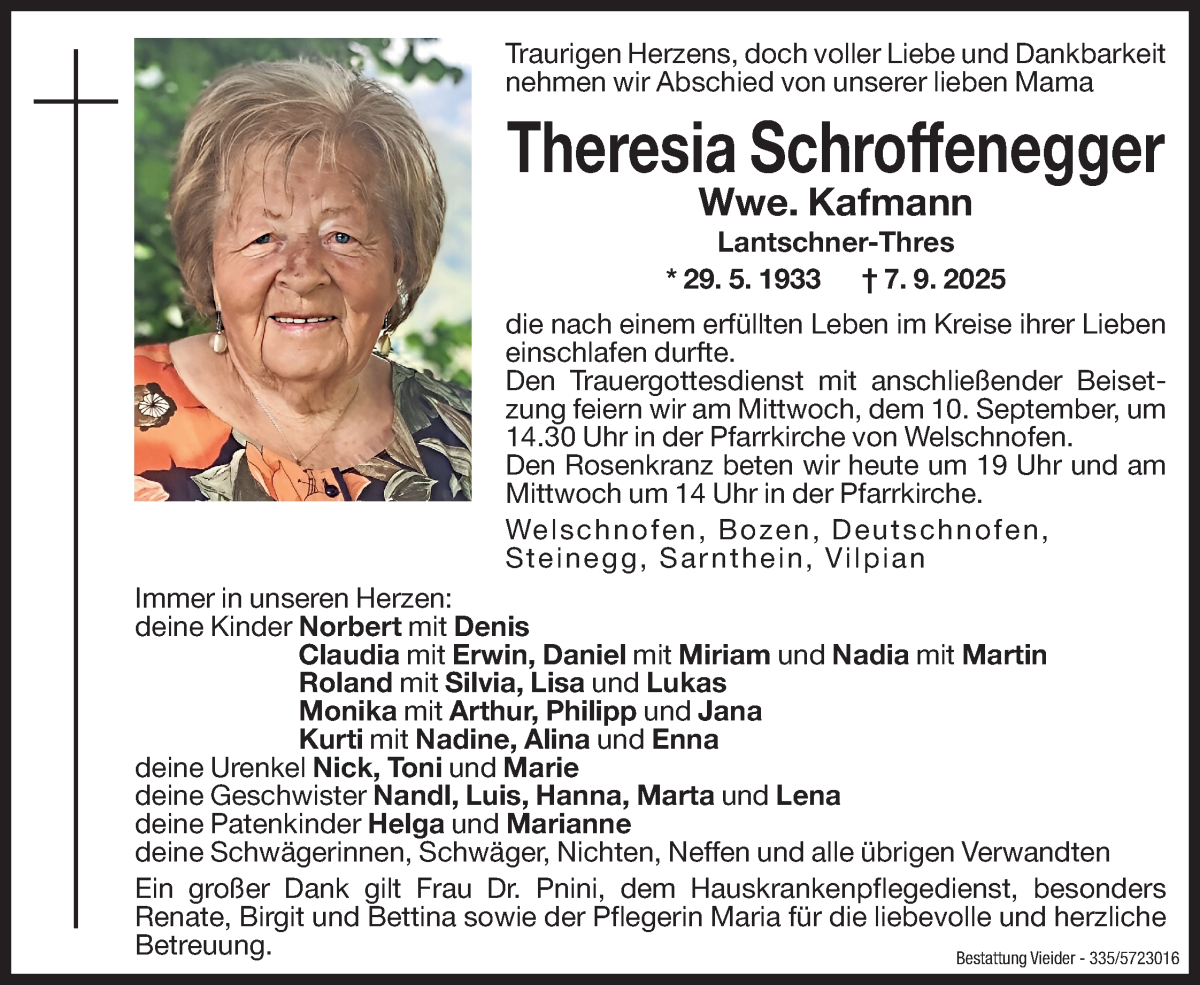  Traueranzeige für Theresia Kafmann vom 09.09.2025 aus Dolomiten