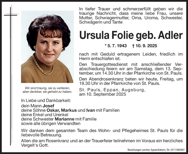 Traueranzeige von Ursula Folie von Dolomiten