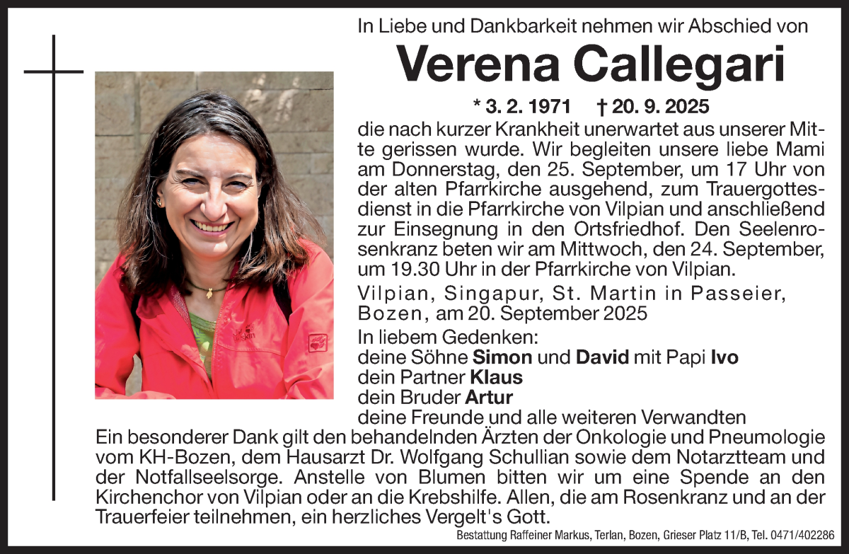  Traueranzeige für Verena Callegari vom 23.09.2025 aus Dolomiten