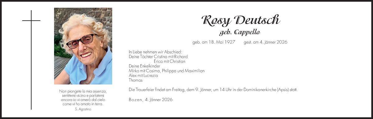  Traueranzeige für Rosy Deutsch vom 07.01.2026 aus Dolomiten