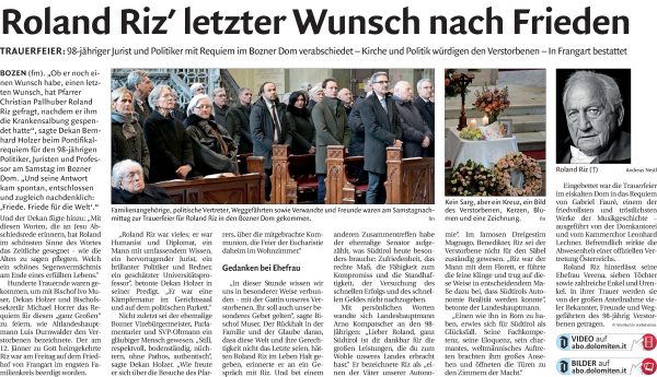 Traueranzeige von Roland Riz von Dolomiten