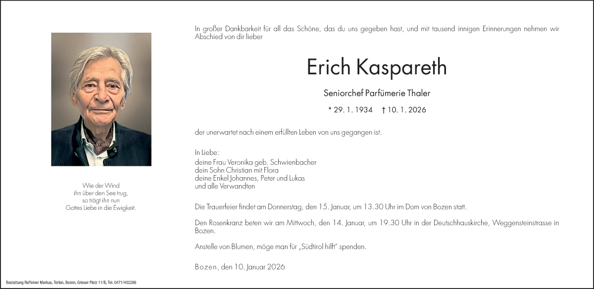  Traueranzeige für Erich Kaspareth vom 12.01.2026 aus Dolomiten