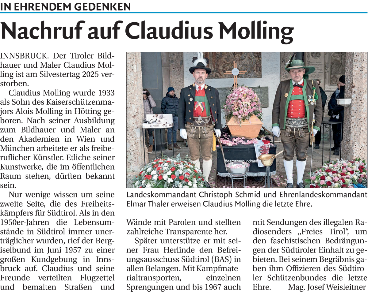  Traueranzeige für Claudius Molling vom 23.01.2026 aus Dolomiten