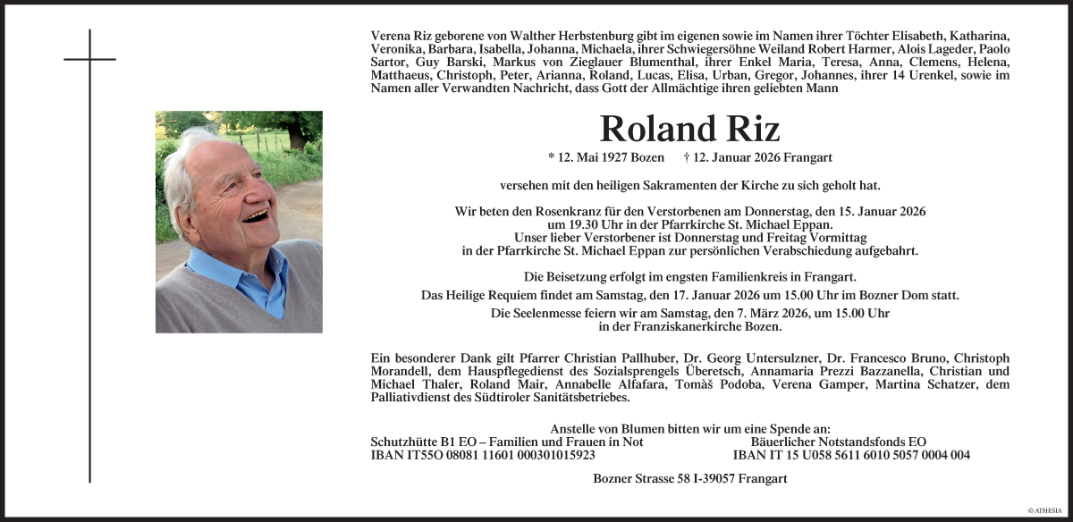  Traueranzeige für Roland Riz vom 14.01.2026 aus Dolomiten