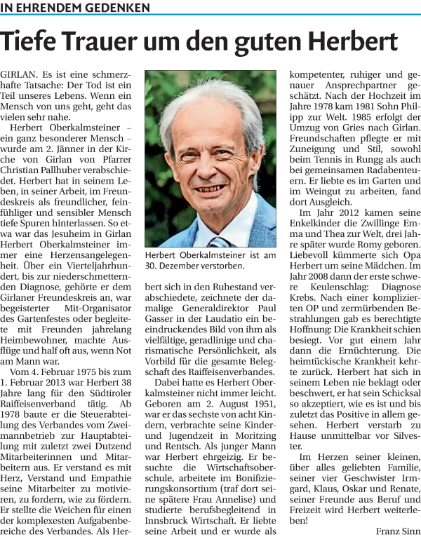 Traueranzeige von Herbert Oberkalmsteiner von Dolomiten