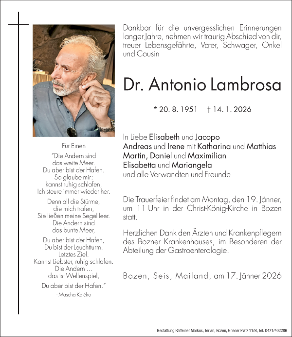 Traueranzeige von Dr. Antonio Lambrosa von Dolomiten