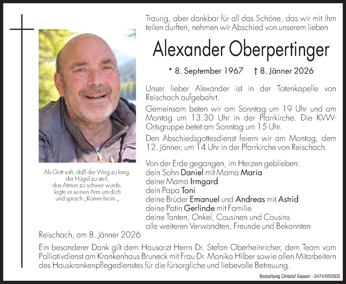  Traueranzeige für Alexander Oberpertinger vom 10.01.2026 aus Dolomiten
