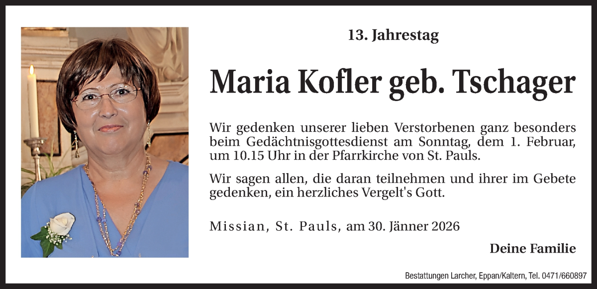  Traueranzeige für Maria Kofler vom 30.01.2026 aus Dolomiten