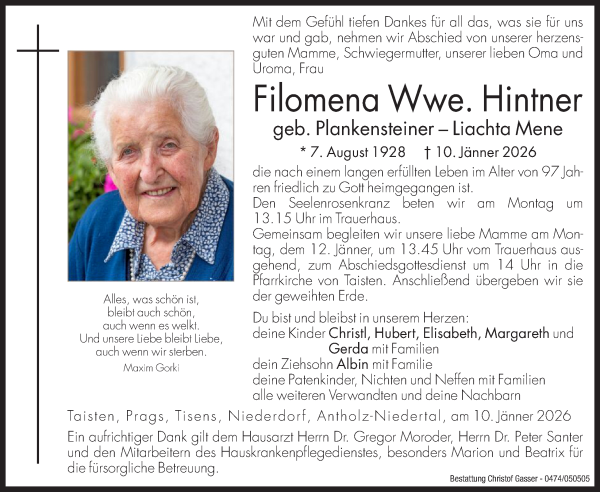 Traueranzeige von Filomena Hintner von Dolomiten