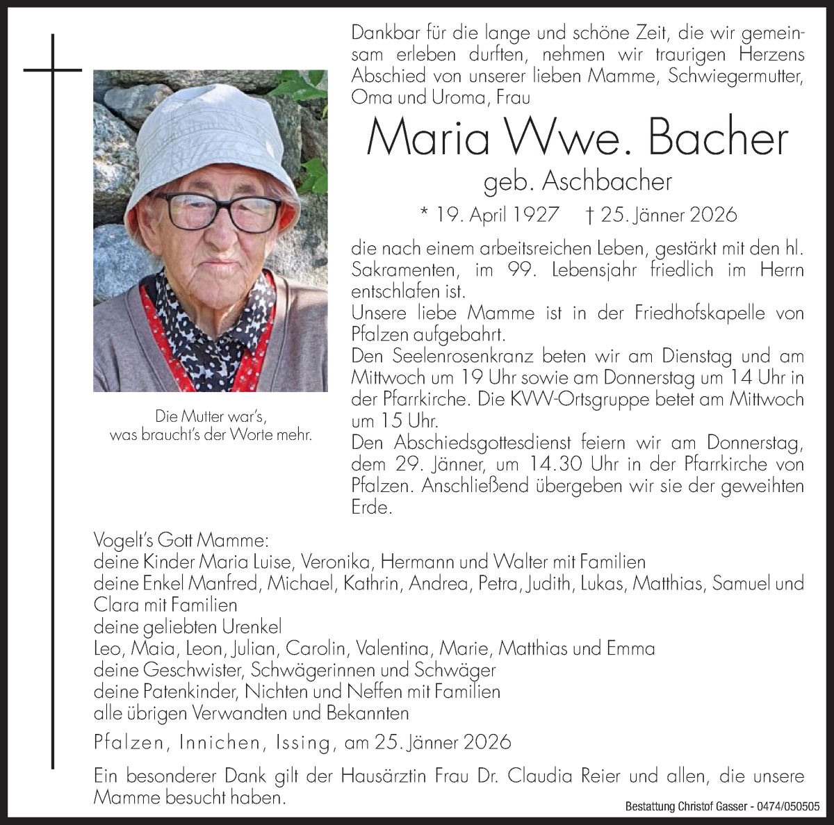  Traueranzeige für Maria Bacher vom 27.01.2026 aus Dolomiten