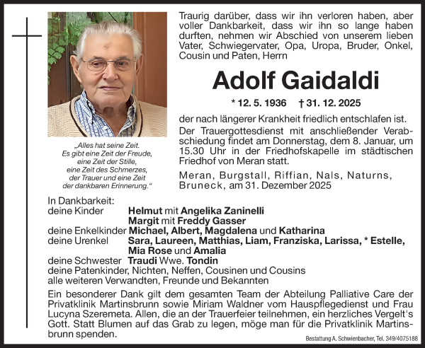 Traueranzeige von Adolf Gaidaldi von Dolomiten