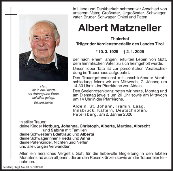 Traueranzeige von Albert Matzneller von Dolomiten