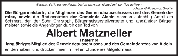 Traueranzeige von Albert Matzneller von Dolomiten