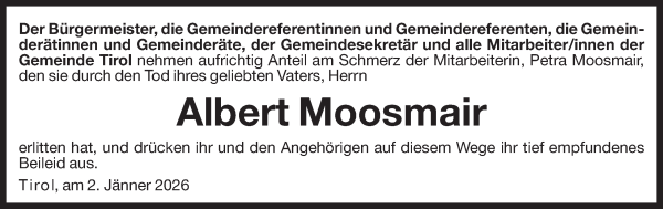 Traueranzeige von Albert Moosmair von Dolomiten