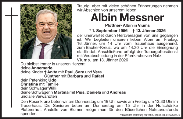 Traueranzeige von Albin Messner von Dolomiten