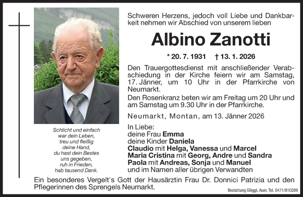Traueranzeige von Albino Zanotti von Dolomiten